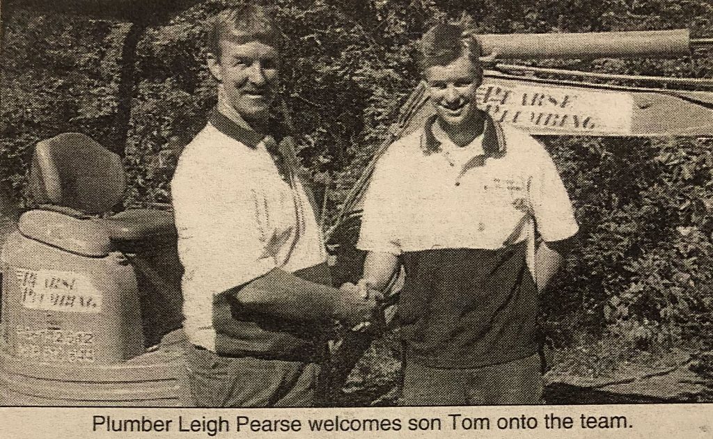 Newspaper article - Plumber Leigh Pearse welcomes son Tom Pearse into the business